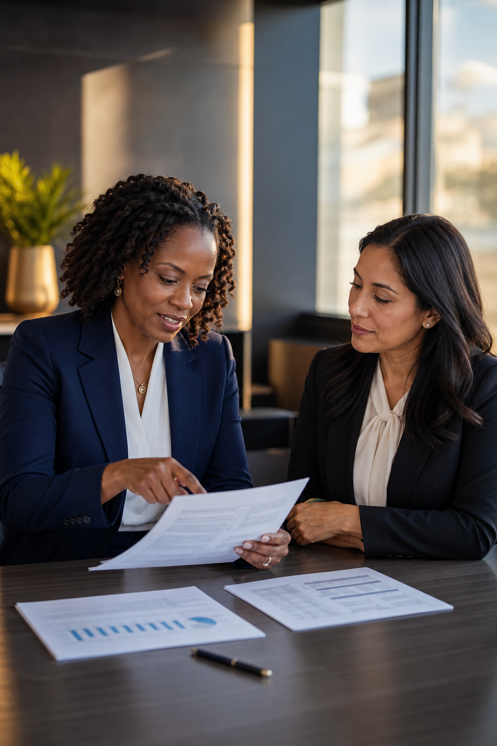 HR director and office manager reviewing group health benefits options — 4J Insurance Agency