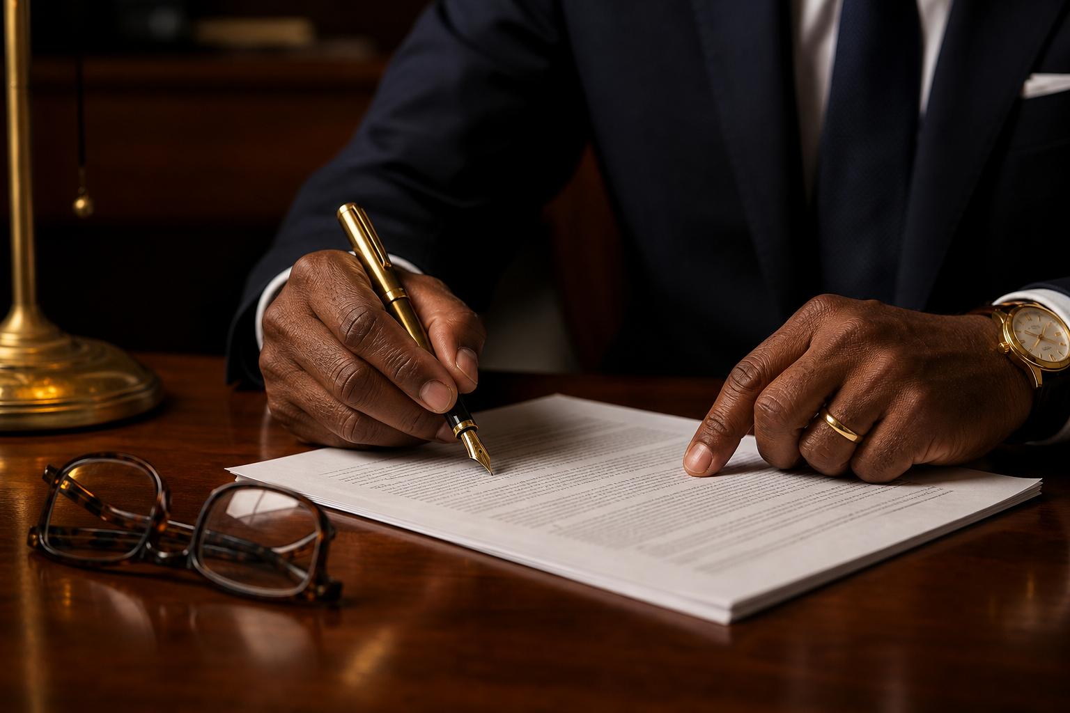 African American Hands Reviewing Insurance Policy with Fountain Pen