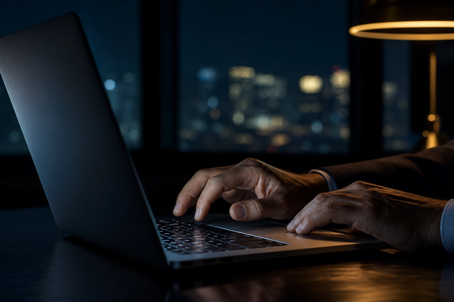Businessmans Hands at Laptop in Dark Office at Night