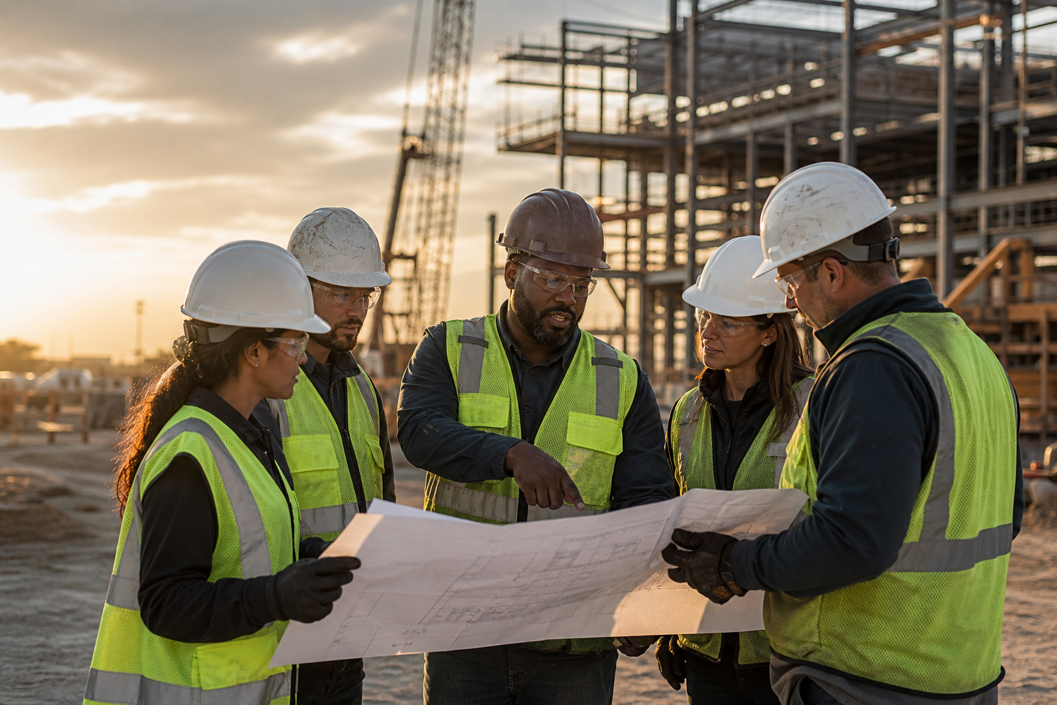 Diverse Construction Team Reviewing Blueprints at Golden Hour