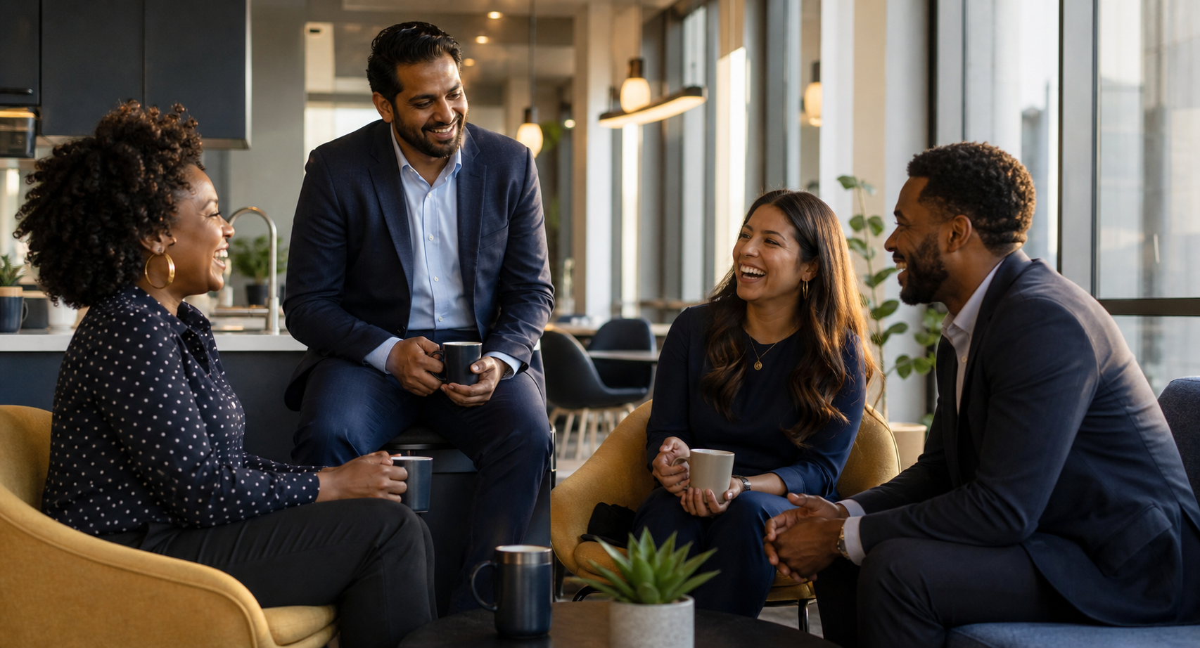 Multicultural Team Laughter in Texas Office Breakroom