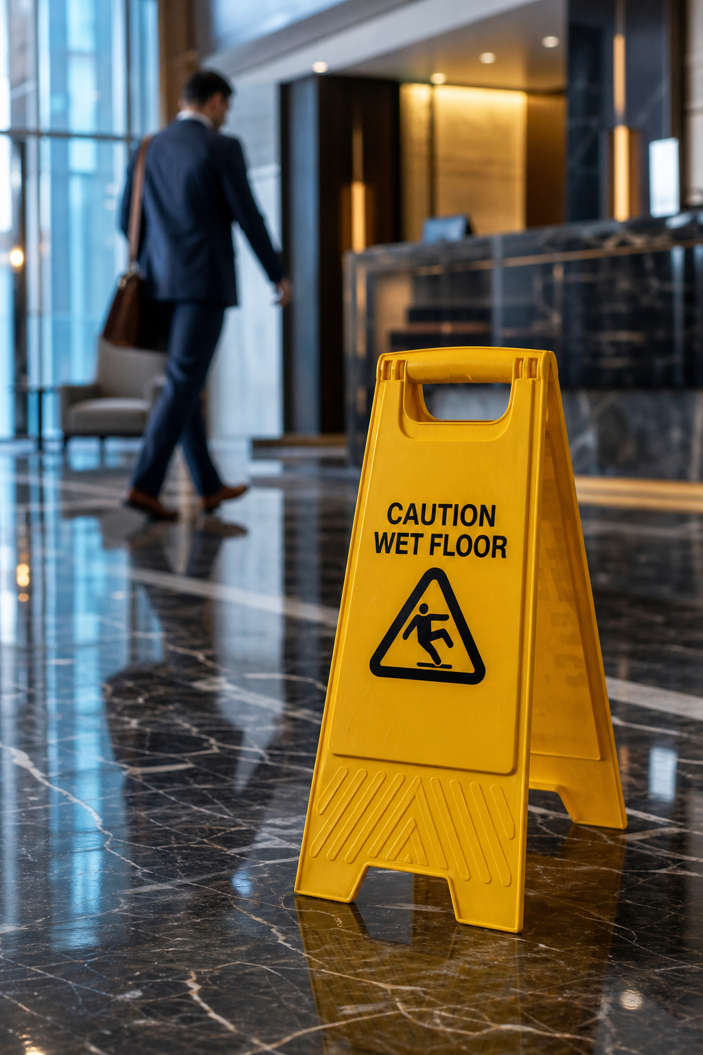 Wet floor caution sign in a business lobby — third-party slip-and-fall risk covered by General Liability — 4J Insurance